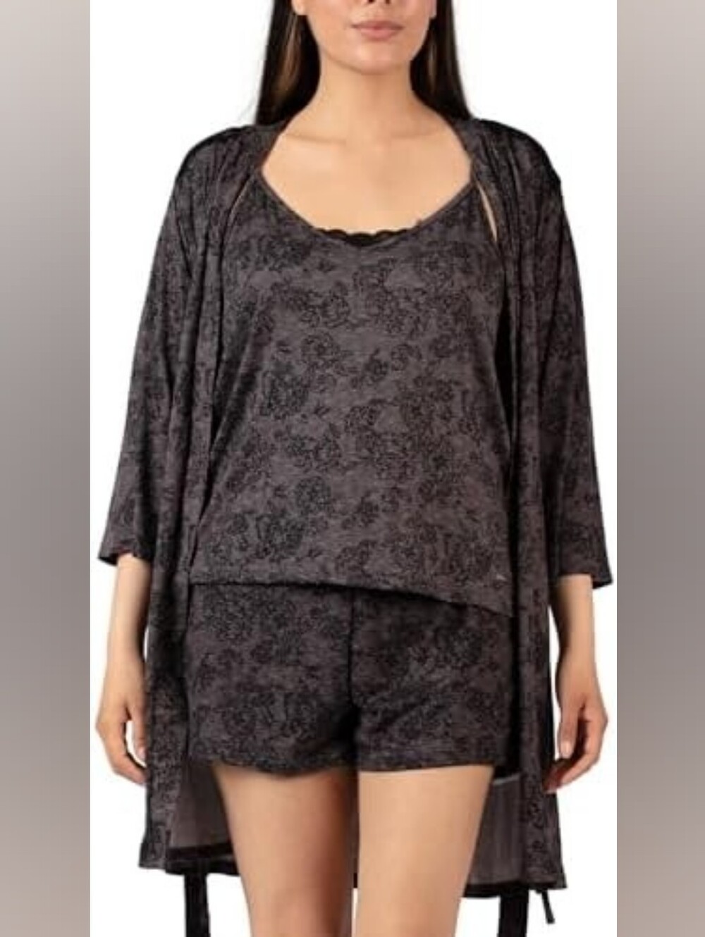 NWT Tahari 3-Piece Lounge Set Floral Robe Cami Shorts Charcoal Grey M MSRP $78